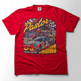 Taco Gear Al Pastor Racing t-shirt with colorful taco-themed racecar graphic, devil driver, and bold “Tacos de Trompo” and “Racing” text on navy and red tees.