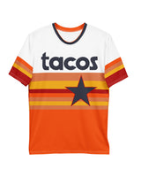 houston tacos taco gear baseball jersey shirt with tortillas on the back