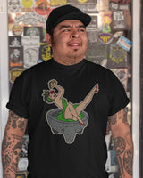taco pinup design black taco shirt on model from taco gear