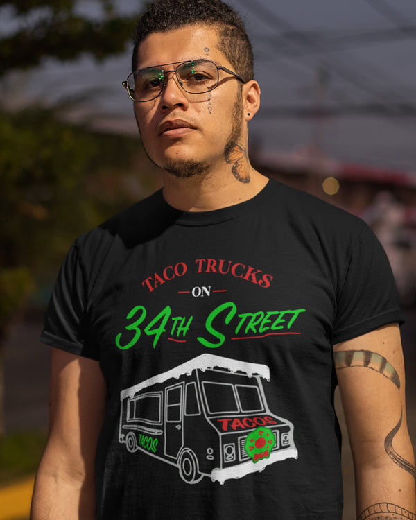 taco trucks on 34th street taco gear shirt on hispanic man in black