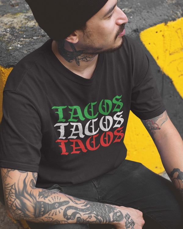 tacos tacos tacos mexican flag color shirt from taco gear on male model