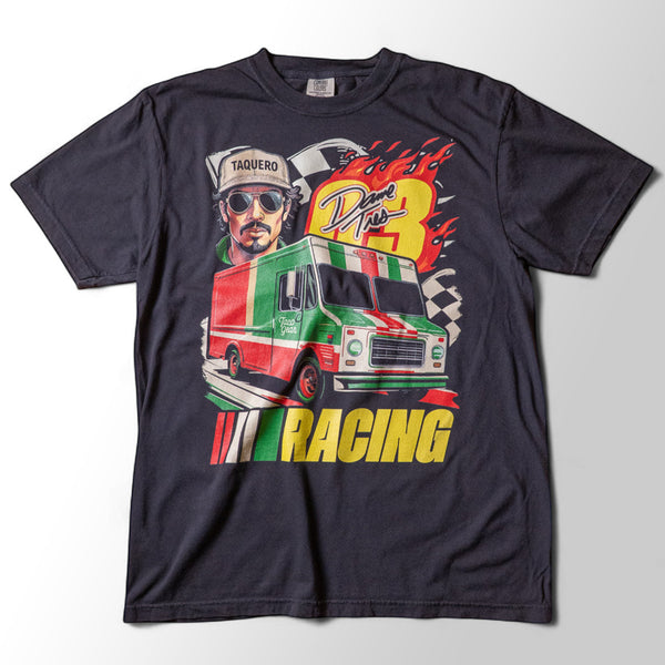 Taco Gear Dame Tres Racing t-shirt with vintage taco truck graphic, taquero illustration, and bold racing design on black tee.