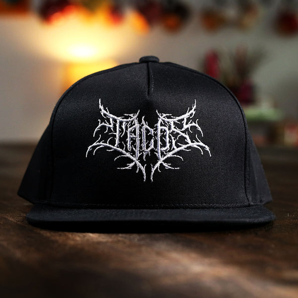 death metal tacos font snapback from taco gear in black front view