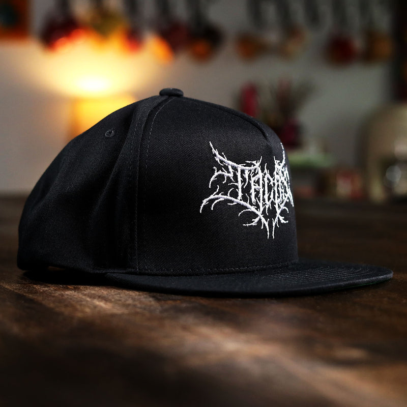 death metal tacos font snapback from taco gear in black side view