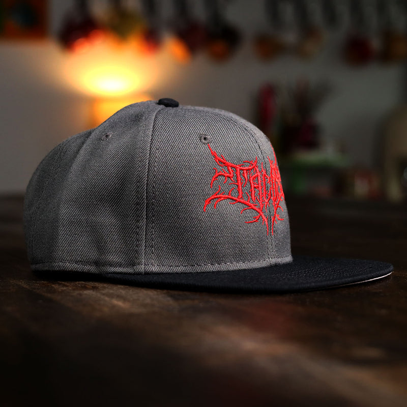 death metal tacos font snapback from taco gear in grey and black side view