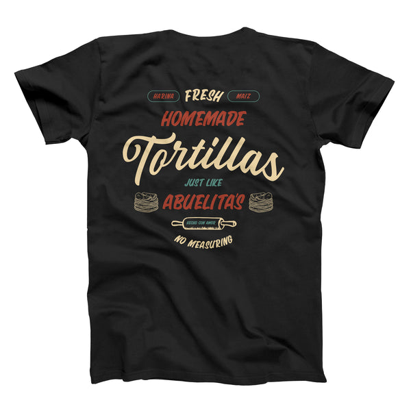 fresh homemade abuelitas tortillas taco gear shirt back print on black shirt