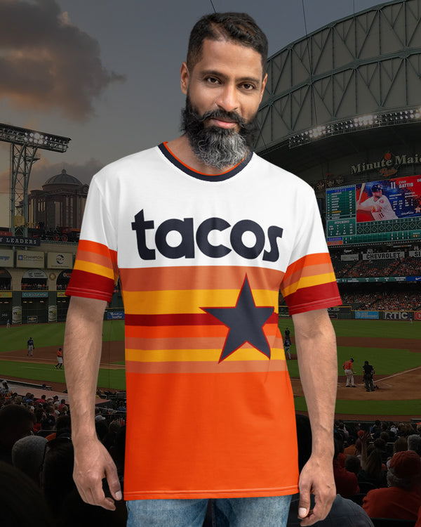 houston tacos taco gear baseball jersey shirt with tortillas on the back