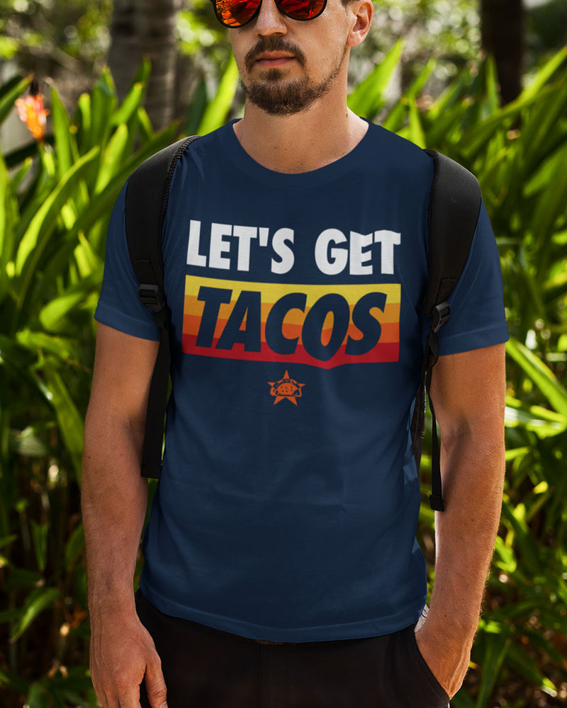 let's get tacos houston taco gear shirt in navy blue retro on hispanic male model