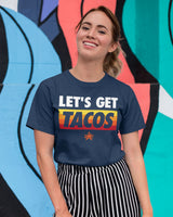 let's get tacos houston taco gear shirt in navy blue retro on hispanic female model