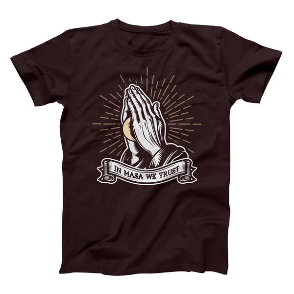 in masa we trust praying hands with masa ball on an oxblood color shirt from taco gear