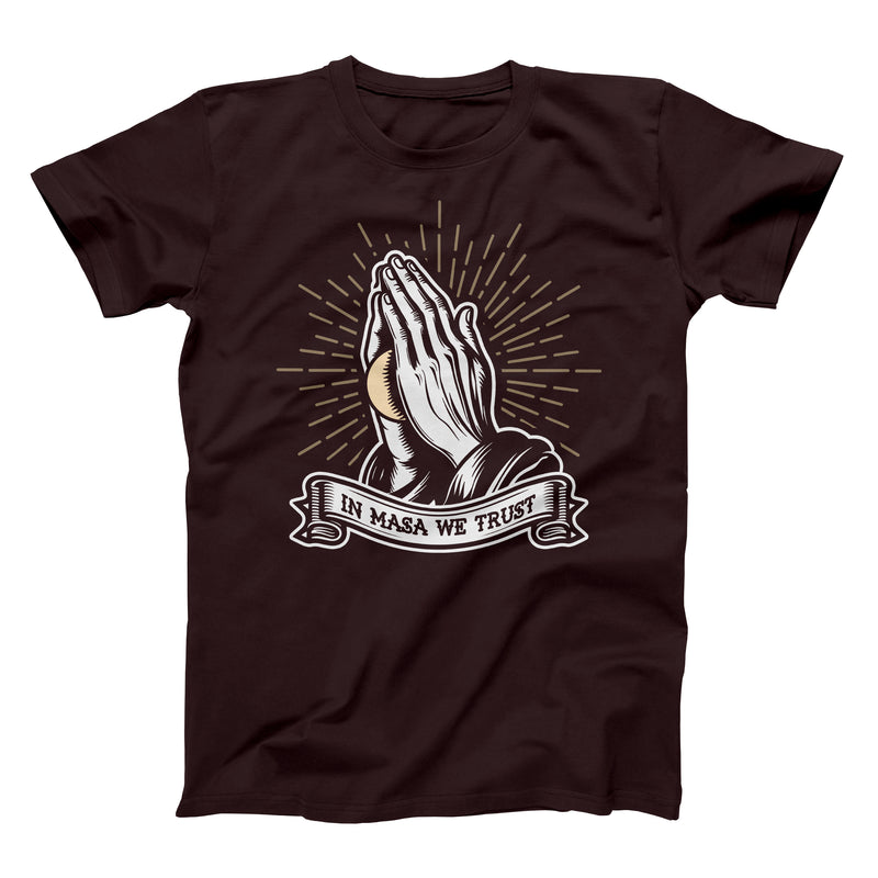 in masa we trust praying hands with masa ball on an oxblood color shirt from taco gear