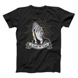 in masa we trust praying hands with masa ball on a black shirt from taco gear