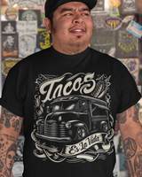 tacos es la vida low rider taco truck shirt from taco gear® in corpus christi texas in black on mexican latino male model