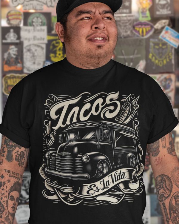 tacos es la vida low rider taco truck shirt from taco gear® in corpus christi texas in black on mexican latino male model