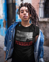 Masa Retro Taco Gear Shirt in Black worn on a female of color with jean jacket, nose ring and dread locks 