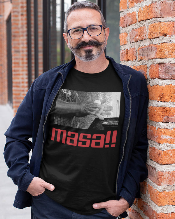 Masa Retro Taco Gear Shirt in Black worn on a middle aged man with jean jacket, glasses and beard with long mustache