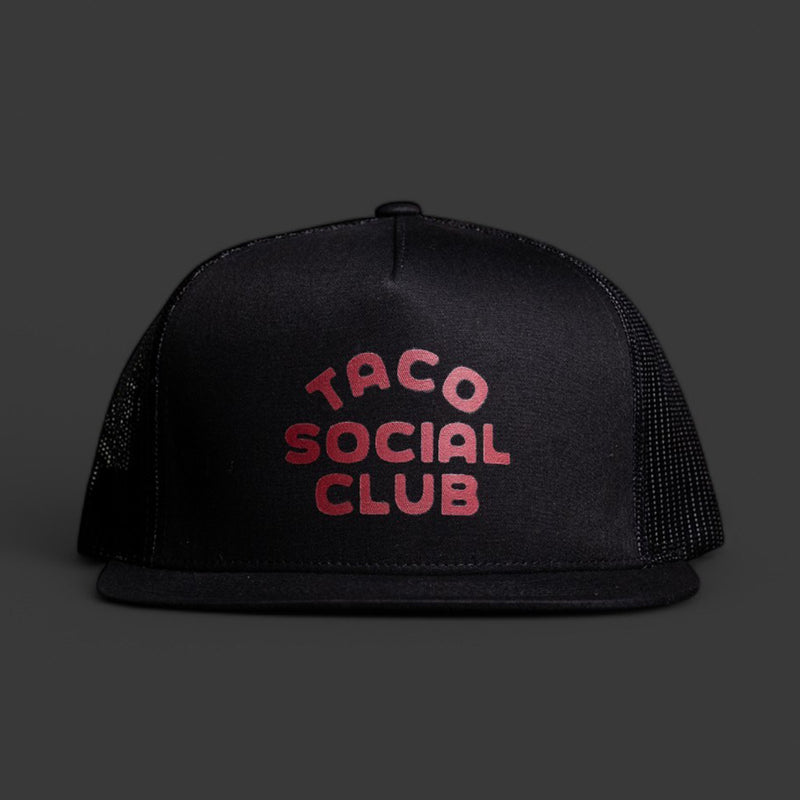 taco social club mesh trucker hat in black front view from taco gear in corpus christi, texas