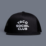 taco social club mesh trucker hat in black front view from taco gear in corpus christi, texas