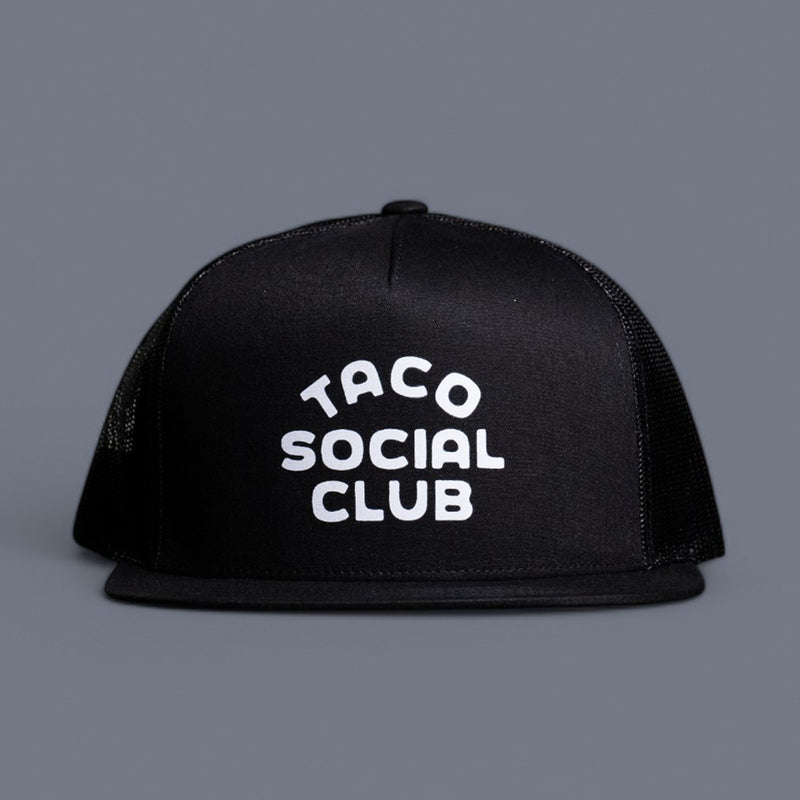 taco social club mesh trucker hat in black front view from taco gear in corpus christi, texas