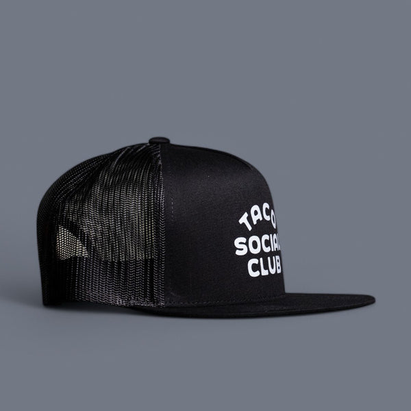 taco social club mesh trucker hat in black front view from taco gear in corpus christi, texas