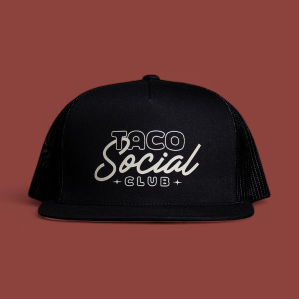 taco social club mesh trucker hat in black front view from taco gear in corpus christi, texas