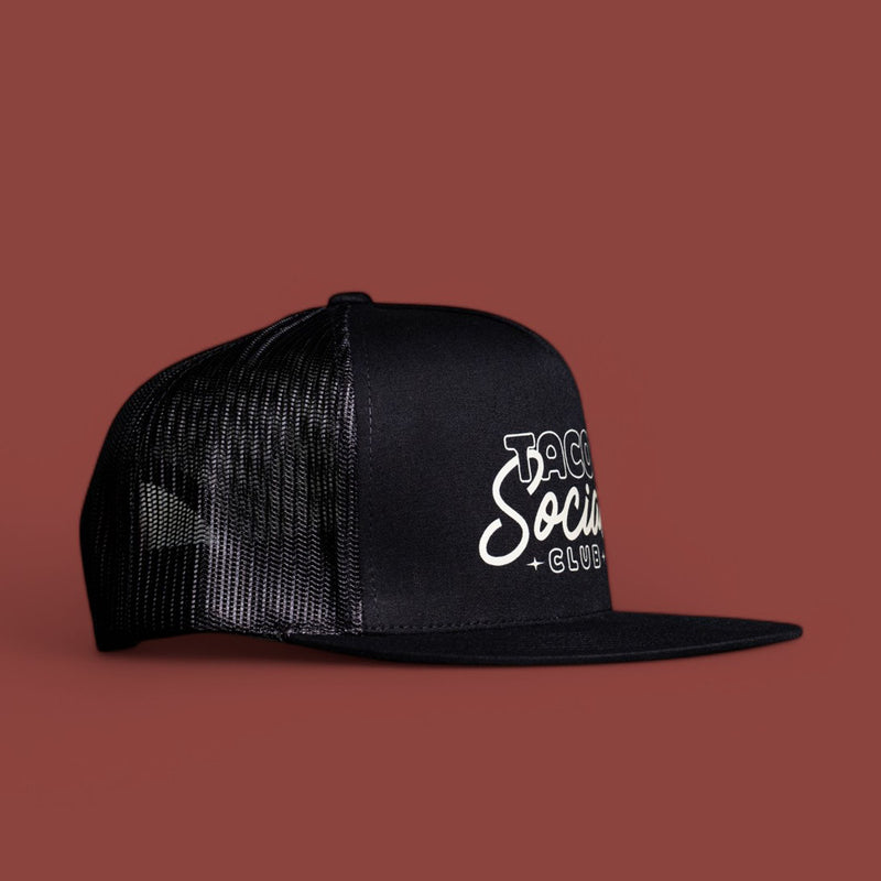 taco social club mesh trucker hat in black front view from taco gear in corpus christi, texas