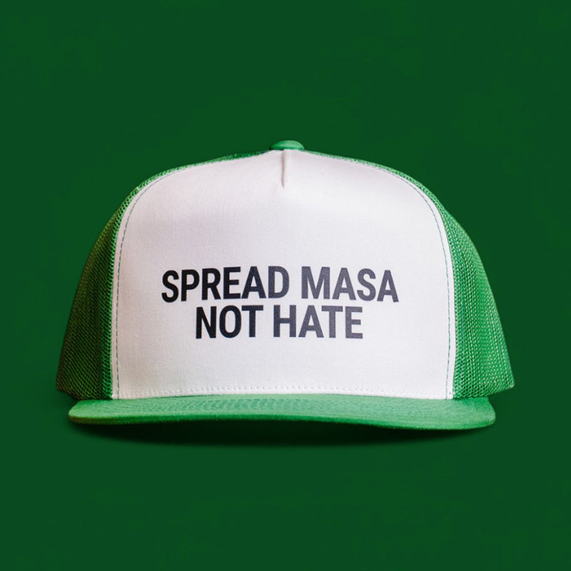 spread masa not hate green and white snapback hat front view from taco gear in corpus christi, texas