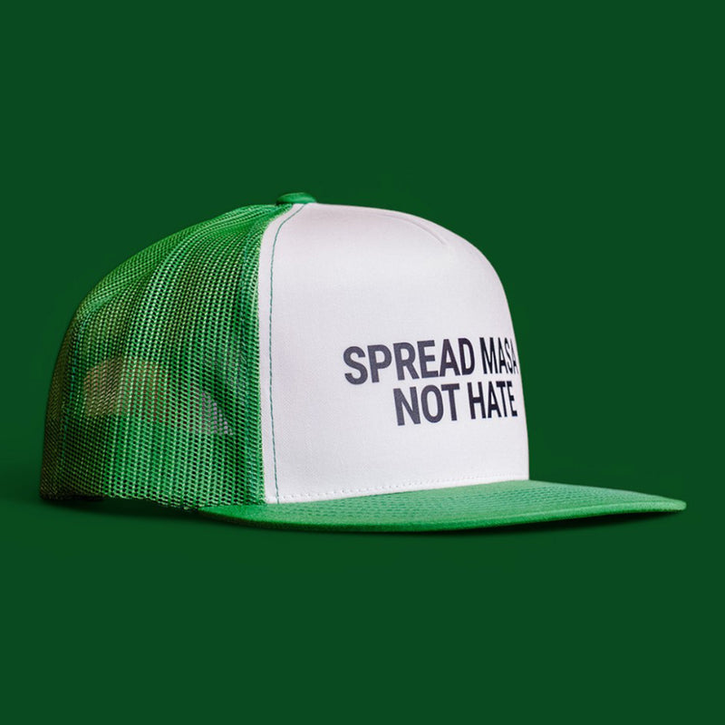 spread masa not hate green and white snapback hat side view from taco gear in corpus christi, texas