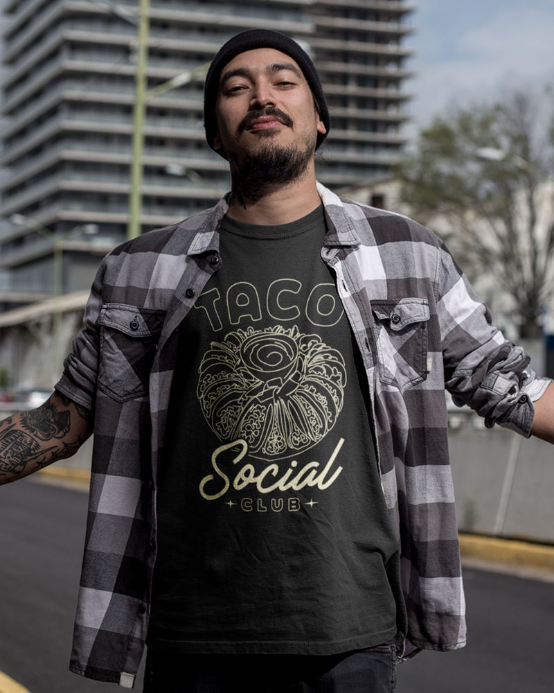 taco social club shirt in black on a latino model from taco gear in corpus christi, texas