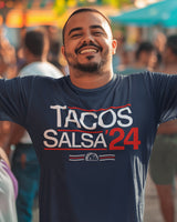 tacos and salsa 2024 shirt from taco gear in corpus christi on a latino model