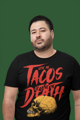 give me tacos or give me death taco gear shirt with skull on front in black shirt on male hispanic model