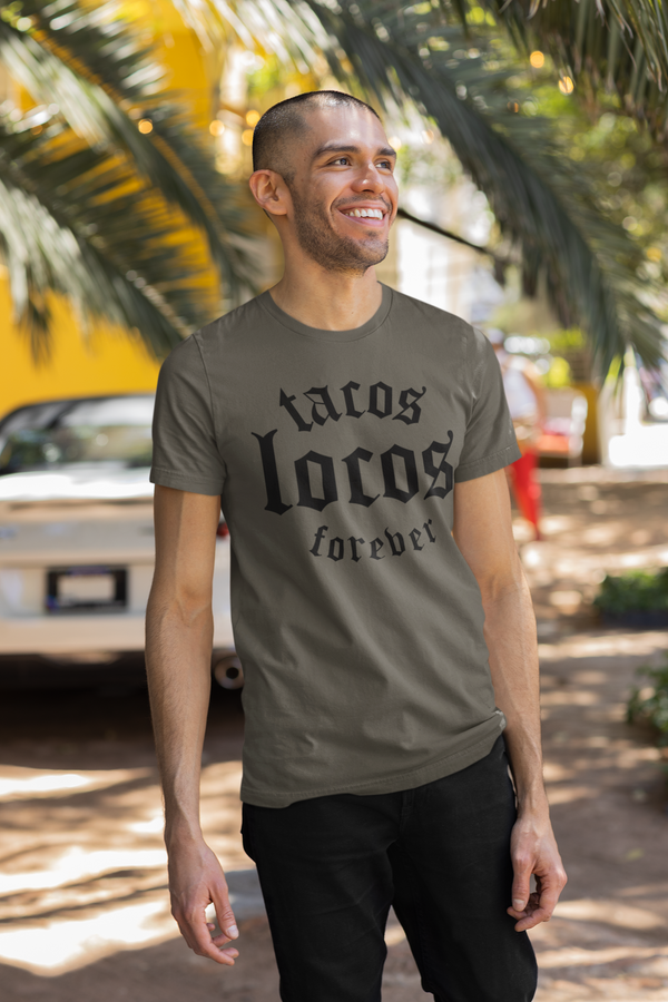 taco gear tacos locos forever shirt in army green on hispanic male model in streets
