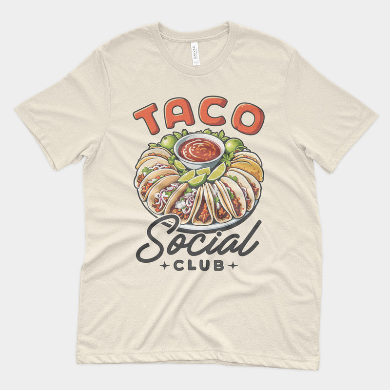 a natural cream vintage looking shirt with a large plate of street tacos on it with the words "Taco Social Club" around it