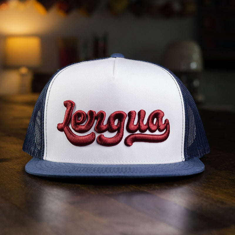 taco gear lengua trucker hat in blue with maroon letters