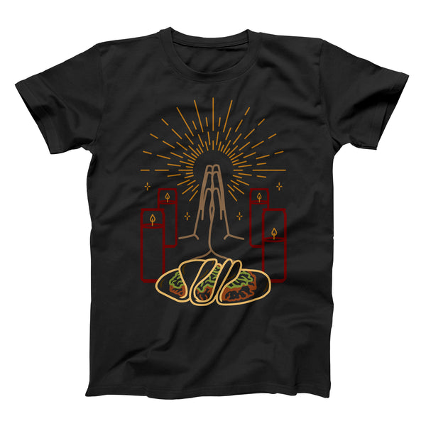taco gear praying hands bless these tacos shirt in black with full color design