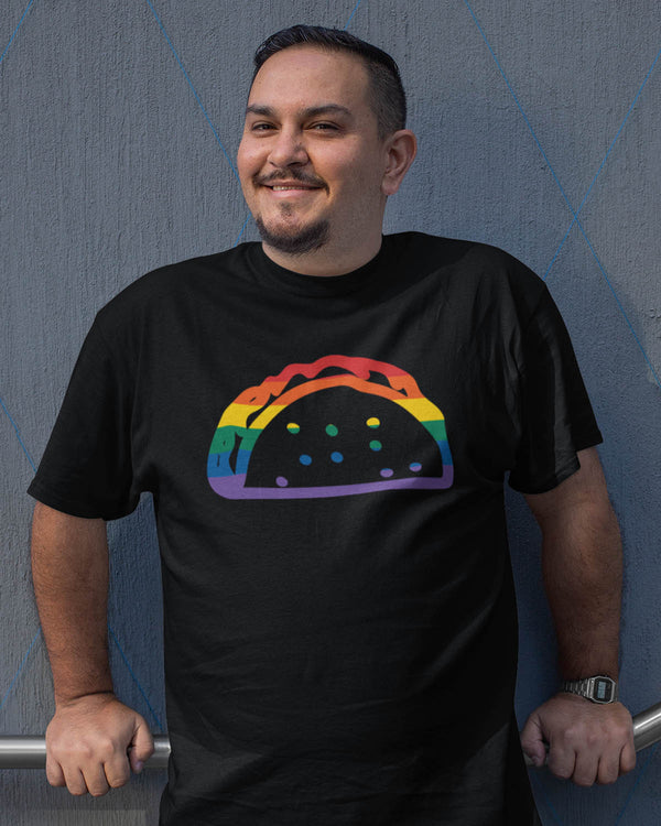 taco gear gay pride rainbow taco shirt in black shirt on male model