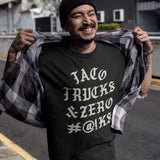 taco trucks and zero fucks taco gear shirt in black on hispanic model