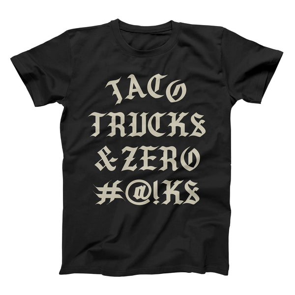 taco trucks and zero fucks taco gear shirt in black