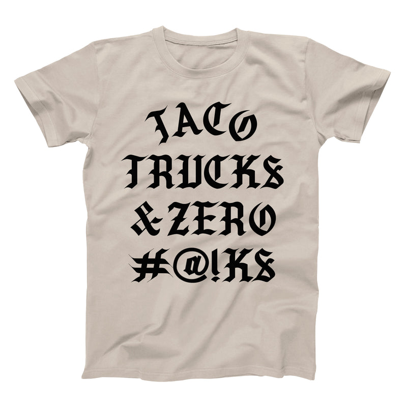 taco trucks and zero fucks taco gear shirt in cream
