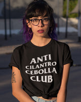 black Anti Cilantro Cebolla Club Shirt - Taco Gear on model