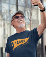navy blue Tacos Always Welcome Flag Shirt - Taco Gear on model